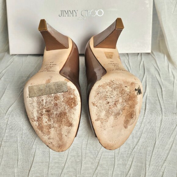 Jimmy Choo Metallic Peep Toe Heels Champagne Block Heel Pumps Size 39 - Picture 11 of 16